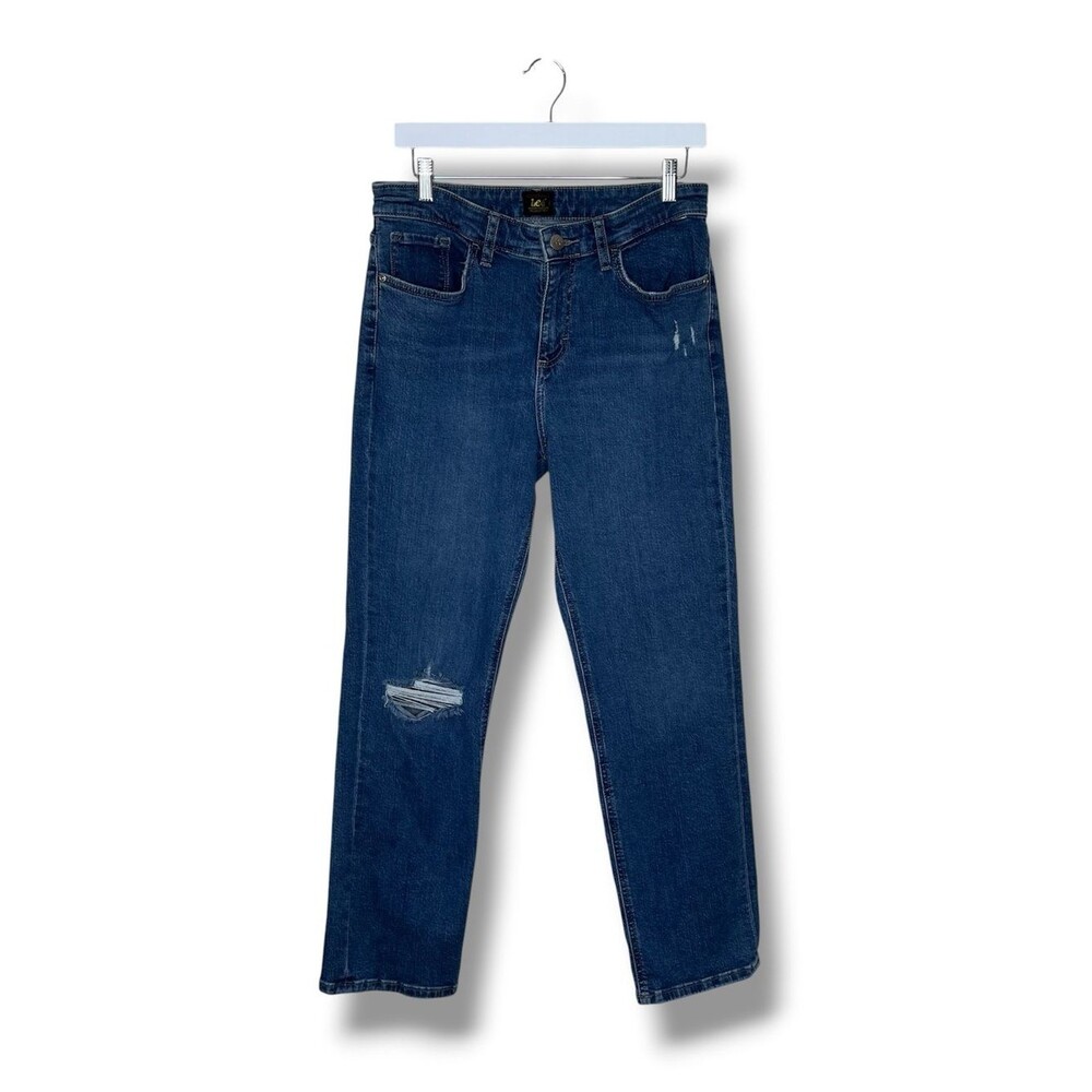 Lee Women Size 10 Blue Distressed Straight Leg Jeans Medium Wash Denim High Rise